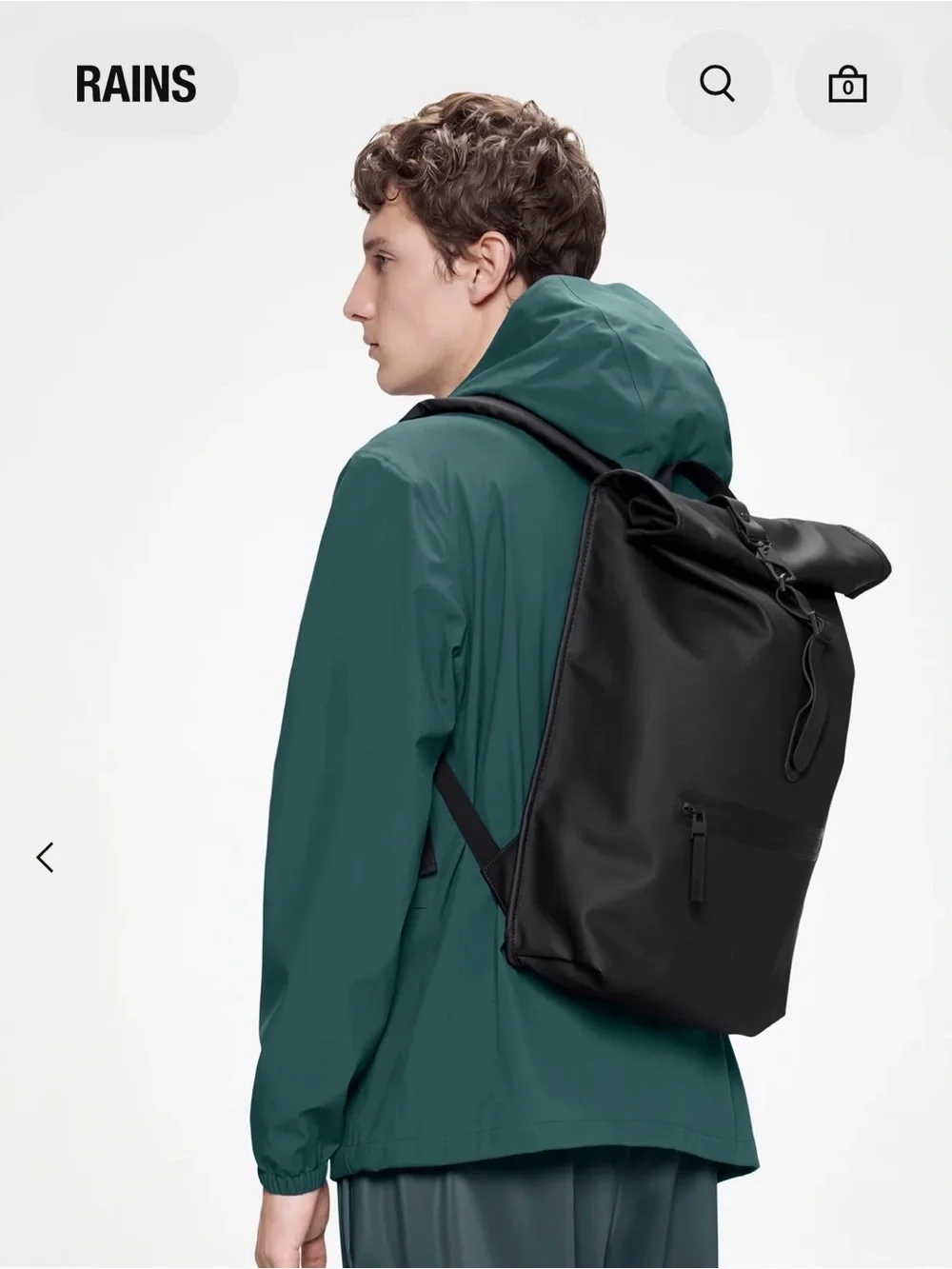 Rains Black Rolltop Backpack with Front Zip Pocket
